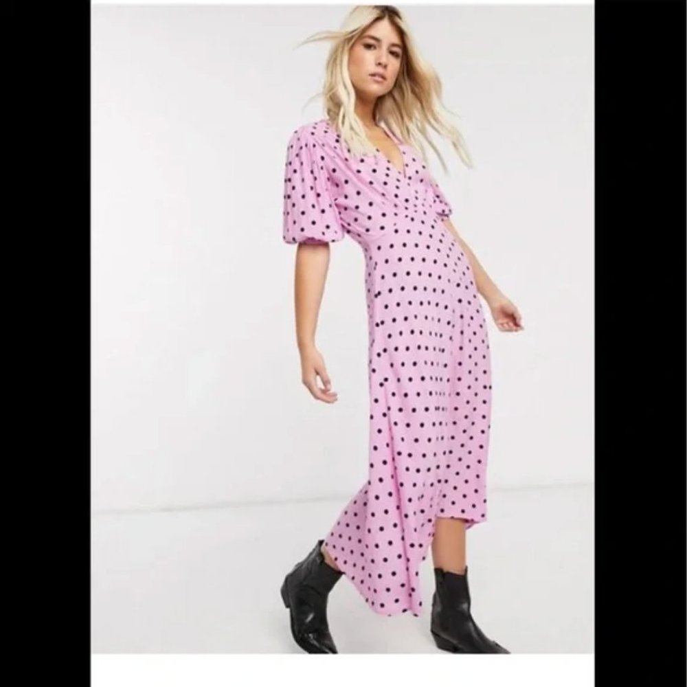 $189 Vittoria Pink Polka Dot Crepe Barbie Midi Dress, size US 6